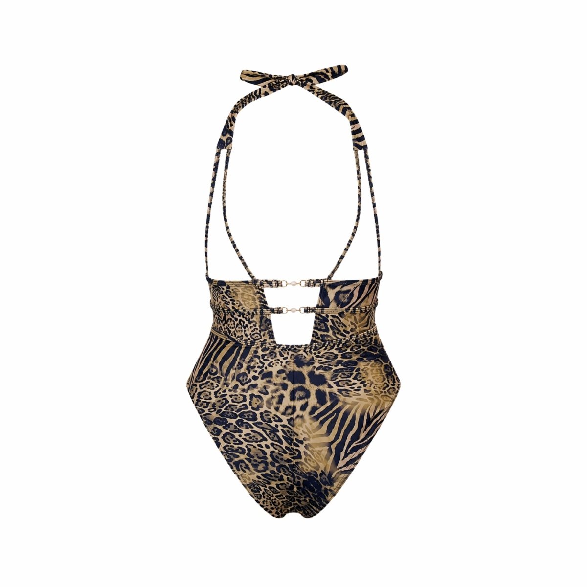 Back product view of the Kouvr animal print one piece swimsuit showing the adjustable halter tie and intricate strappy back construction.