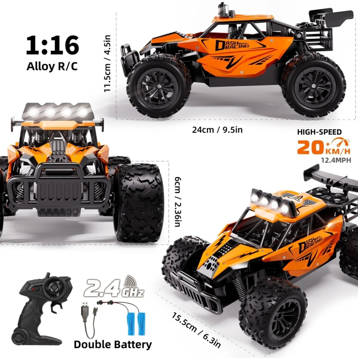 Detailed features infographic for the orange 1:16 alloy RC car, including dimensions, 20km/h speed, and double battery pack.