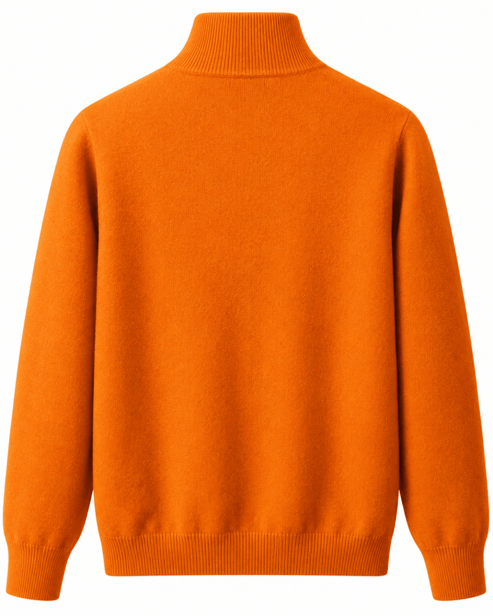 Bright orange knit sweater with a mock neck, long sleeves, and ribbed cuffs and hem, shown from the back on a white background.