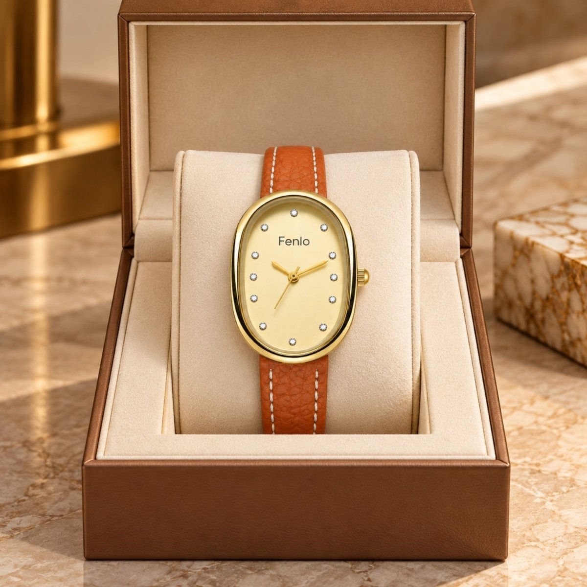 An oval wristwatch with a gold-tone case, cream dial, and orange-brown leather strap, displayed inside an open brown presentation box on a beige cushion. The dial shows the brand name 'Fenlo'.