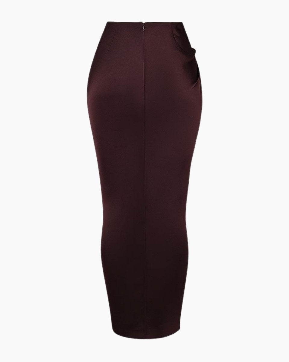 Product-only photo of the back of the Ourania satin trousers, showing the clean lines and concealed zipper detail.