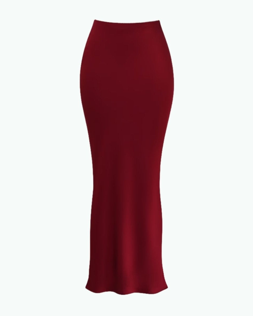 Product-only studio image of the front of the Ourania high-waisted red satin maxi skirt.