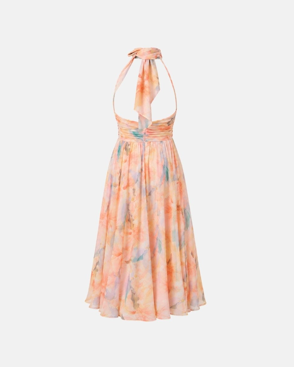 Back flat lay view showing the backless design and halter tie of the floral midi dress