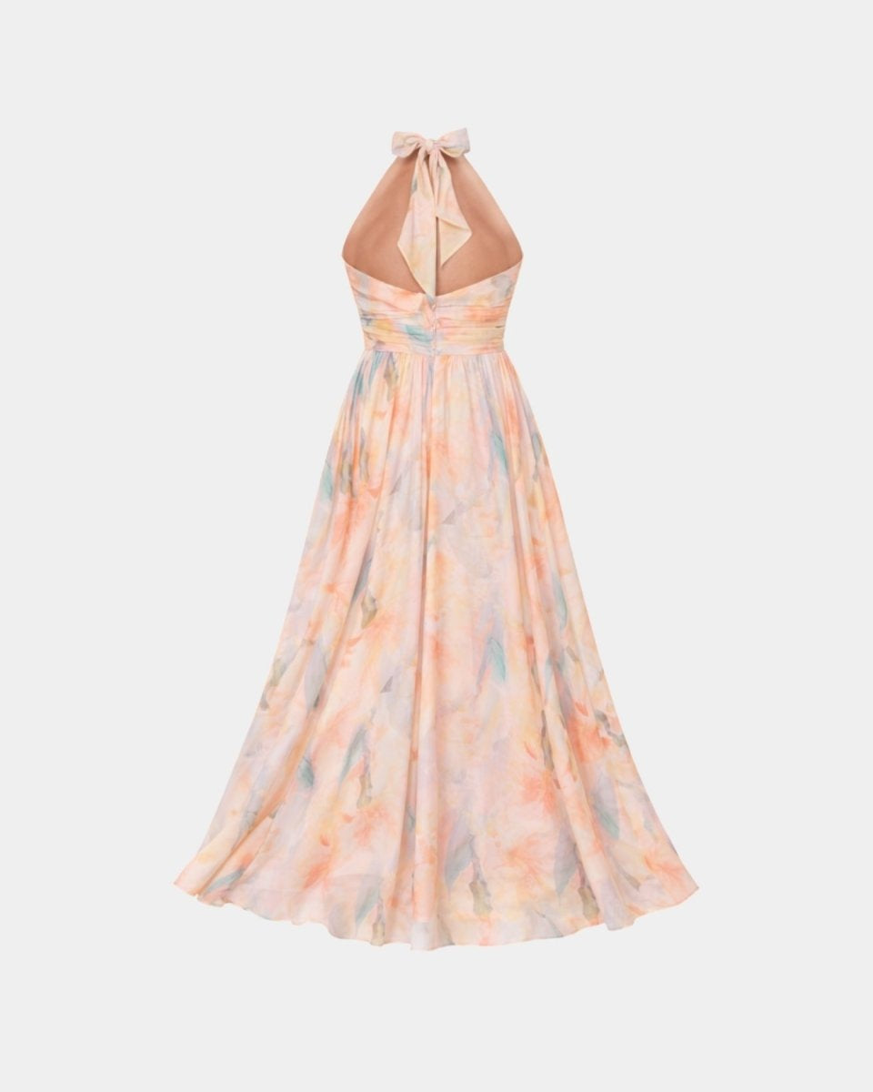 Ghost mannequin back view of the sleeveless watercolor floral maxi dress detailing the back bow tie.