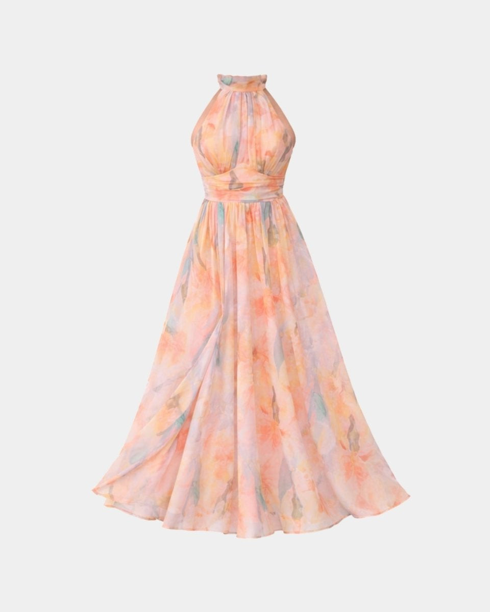 Ghost mannequin front view of the ethereal pastel floral halter neck maxi gown.