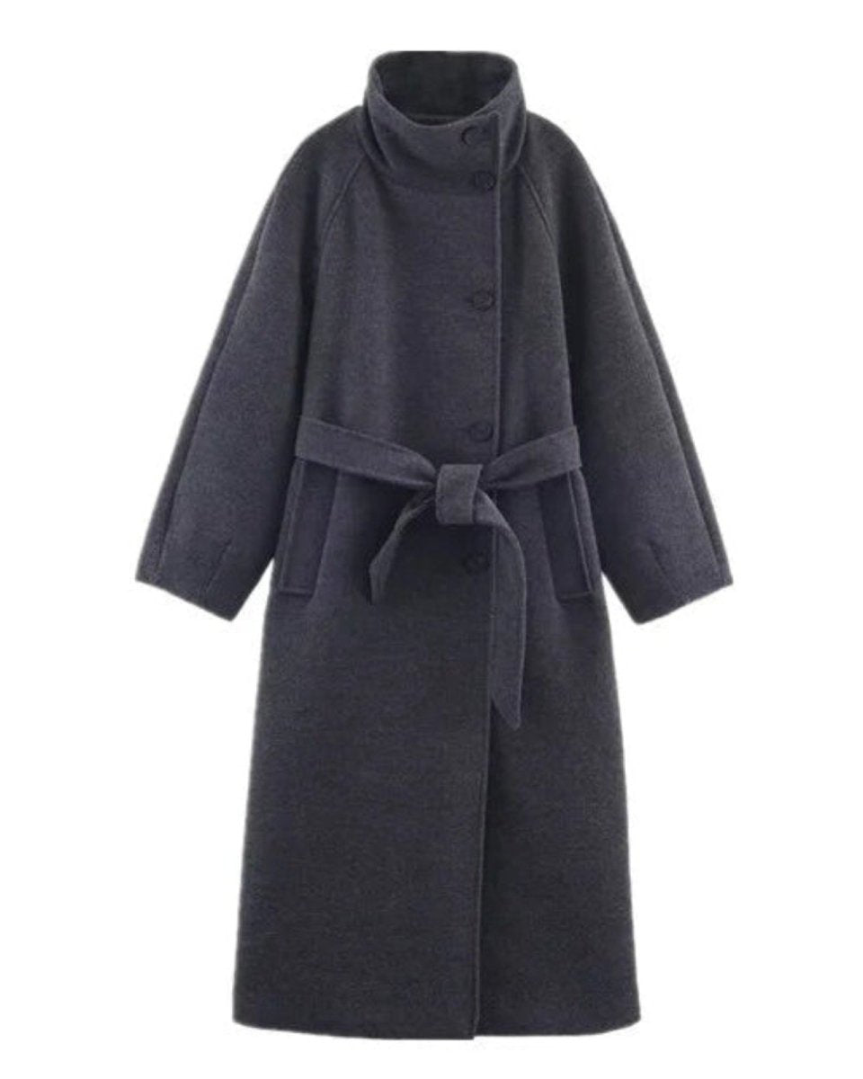 Flat lay of the gray funnel neck wool coat with belt tied, showing button details and texture of the wool.