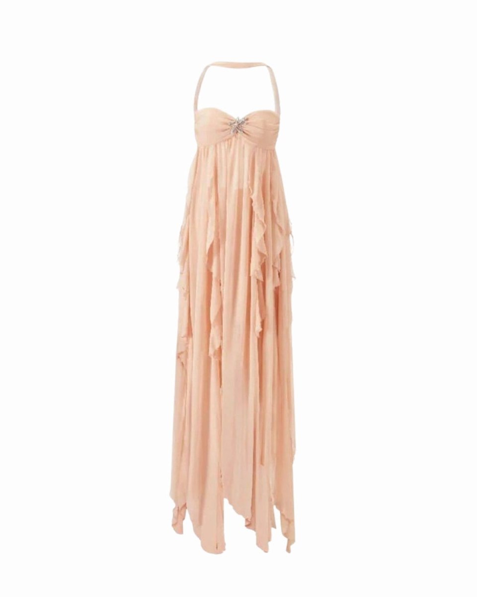 A peach-colored halter-neck maxi dress with a sweetheart neckline, a decorative crystal-embellished bodice, and cascading ruffle layers down the skirt, shown against a plain white background.