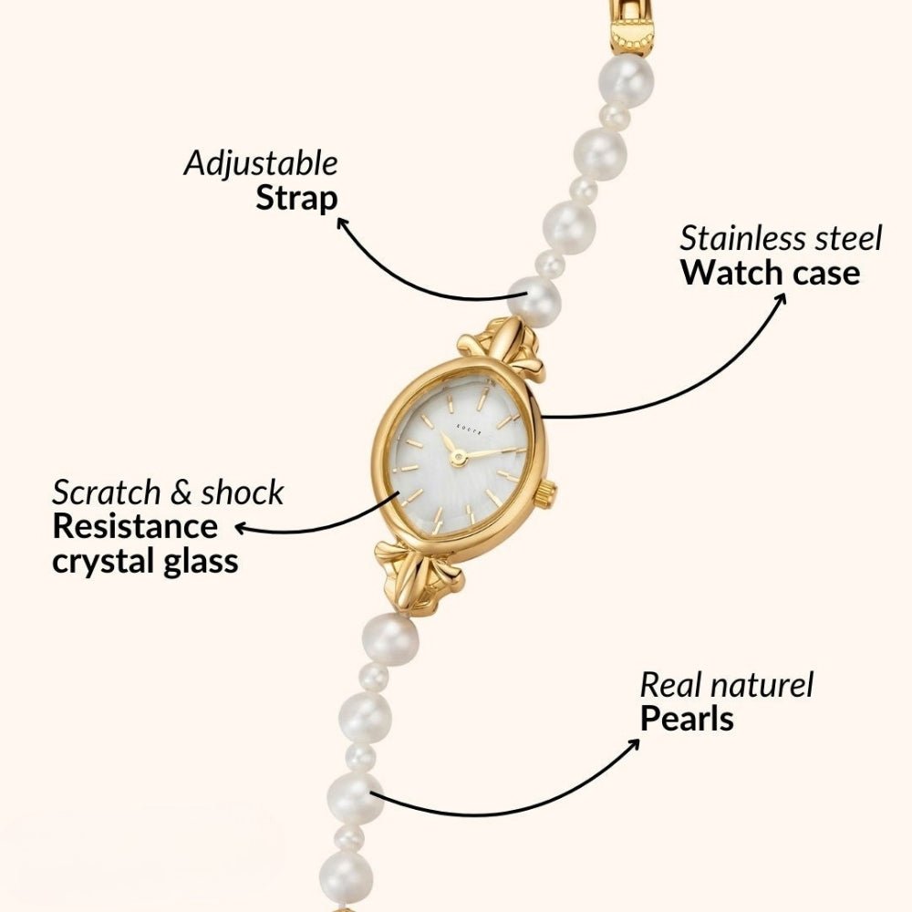 Infographic detailing the Kouvr watch features including real natural pearls, stainless steel case, scratch resistant crystal glass, and adjustable strap.