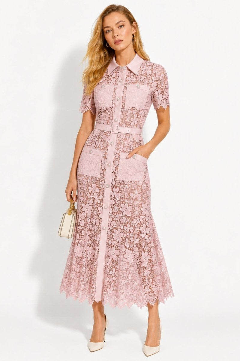 Pink floral lace button-down midi dress with short sleeves and belt worn by blonde model facing forward