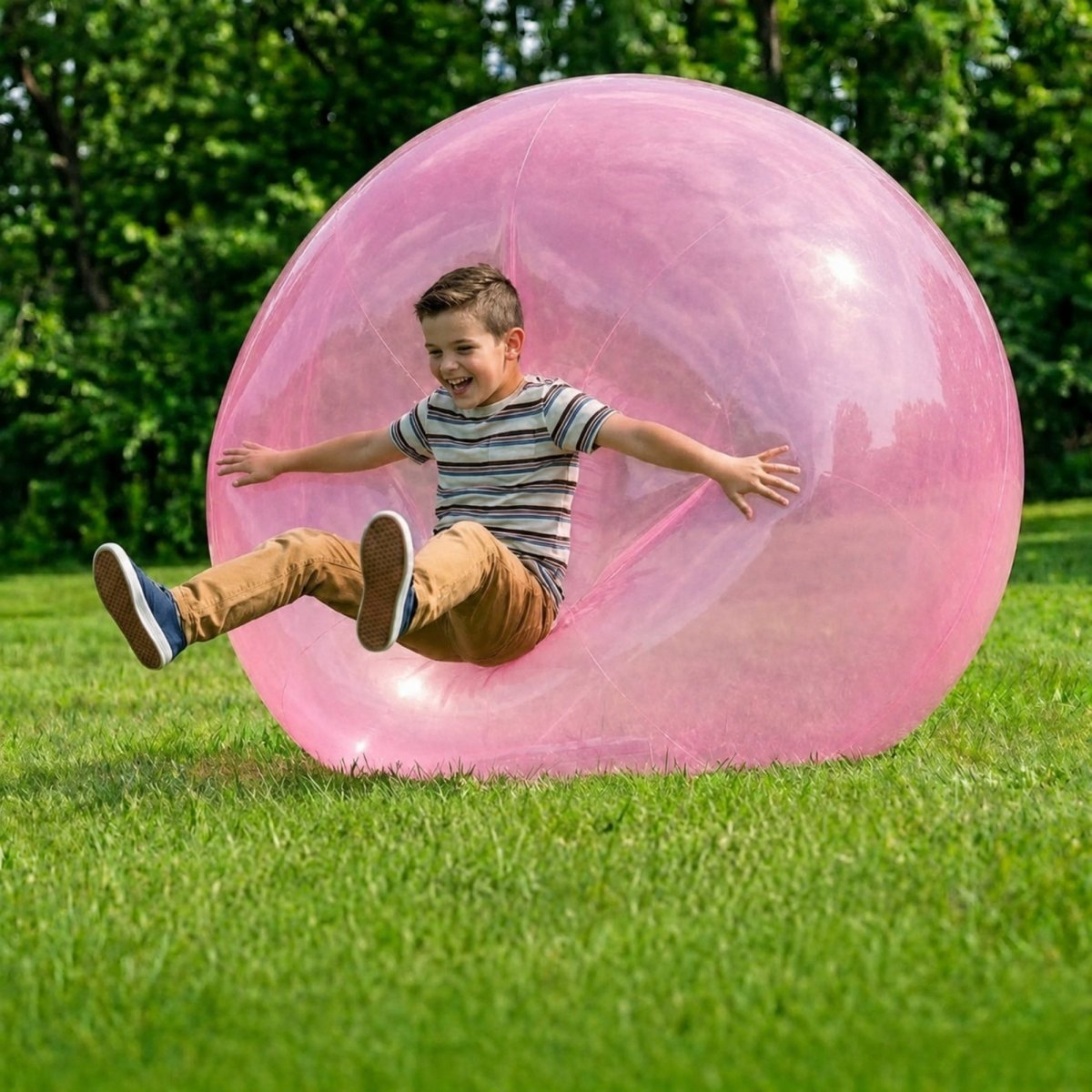 A child playing with a giant pink jelly balloon ball in a park, demonstrating the bigger 110cm size and unbreakable fun factor.
