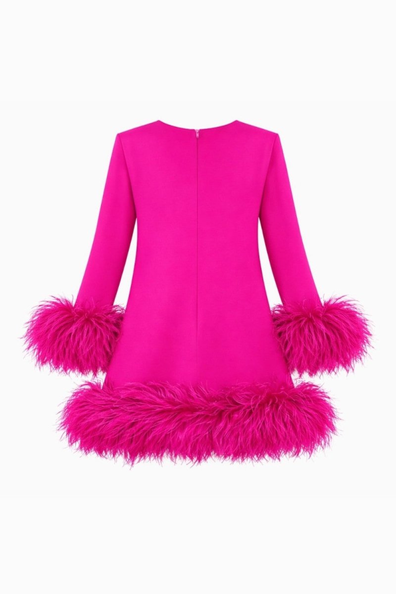 Bright pink long-sleeve dress with voluminous feathered trim at the cuffs and hem, shown from the back on a plain white background.