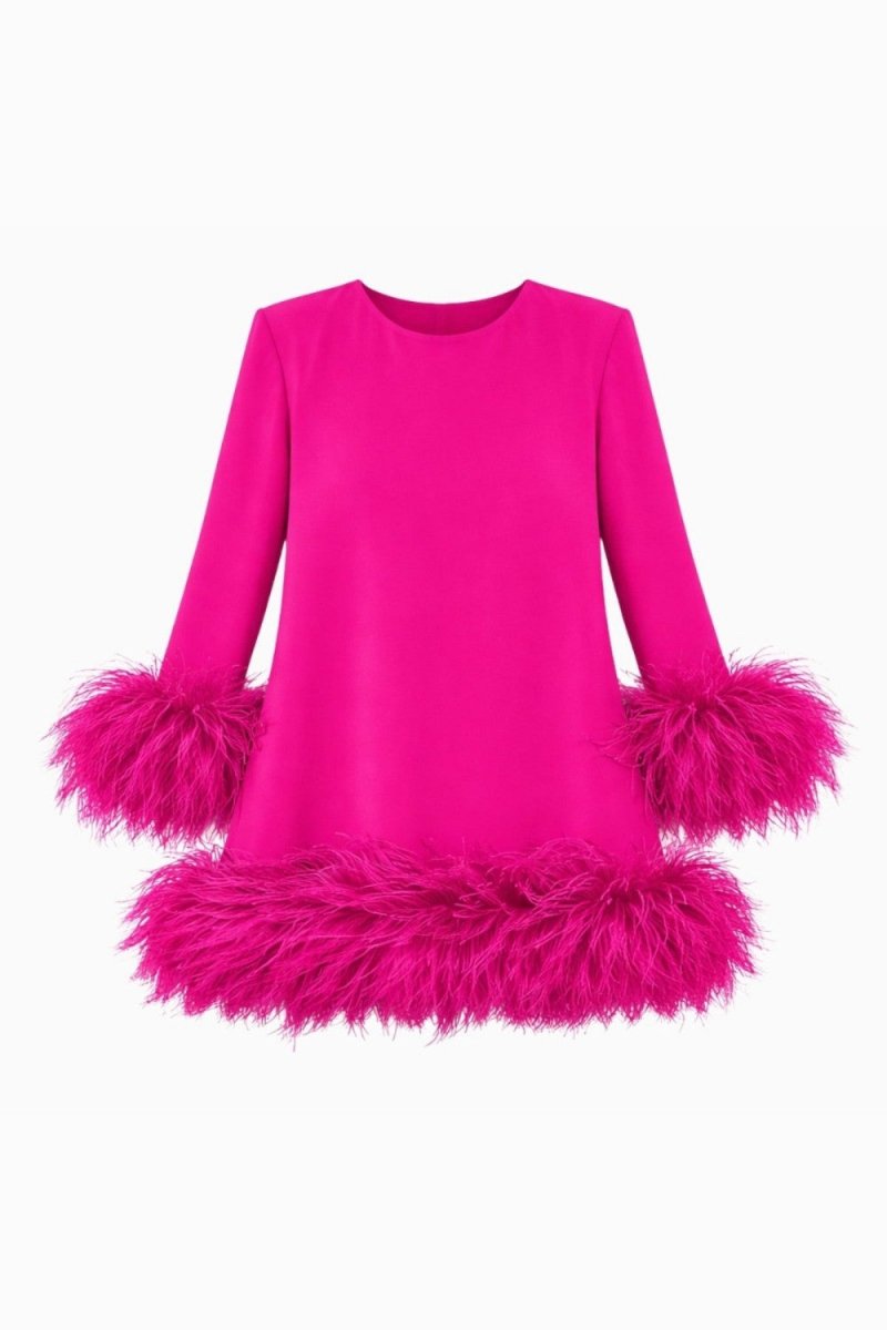 A bright fuchsia pink long-sleeve dress with voluminous feathered trim at the cuffs and hem, shown against a plain white background.