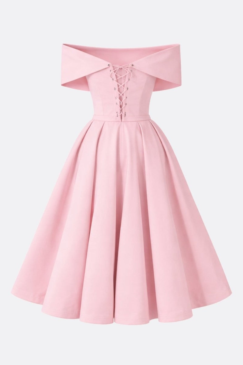 Back isolated view of pink cocktail dress showing corset lacing details