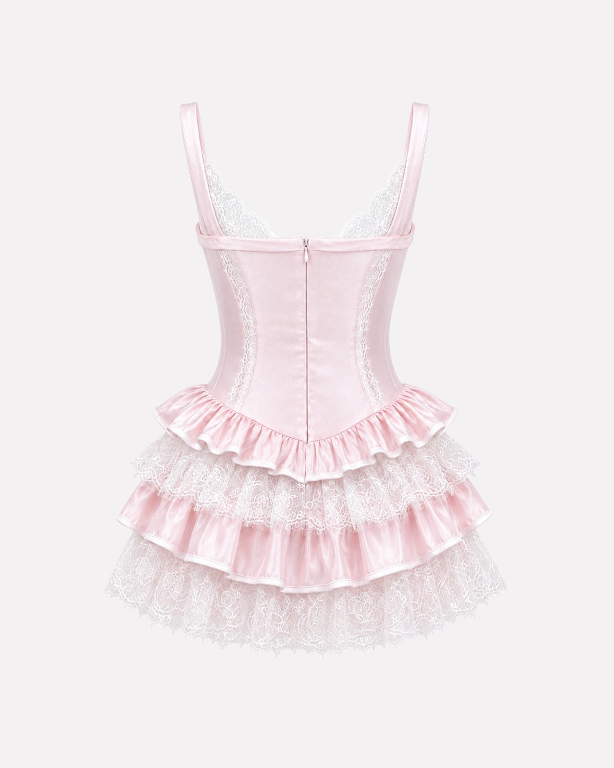 Product shot back view of a pink corset dress highlighting the premium zip closure and ruffled lace skirt.