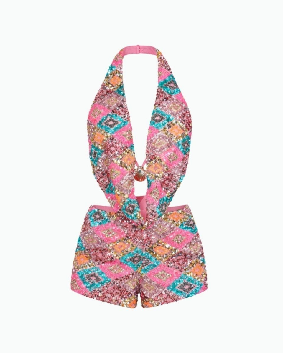 Close up detail of luxury pink, teal, and gold diamond sequin embellishment and center shell hardware on Kouvr festival playsuit.