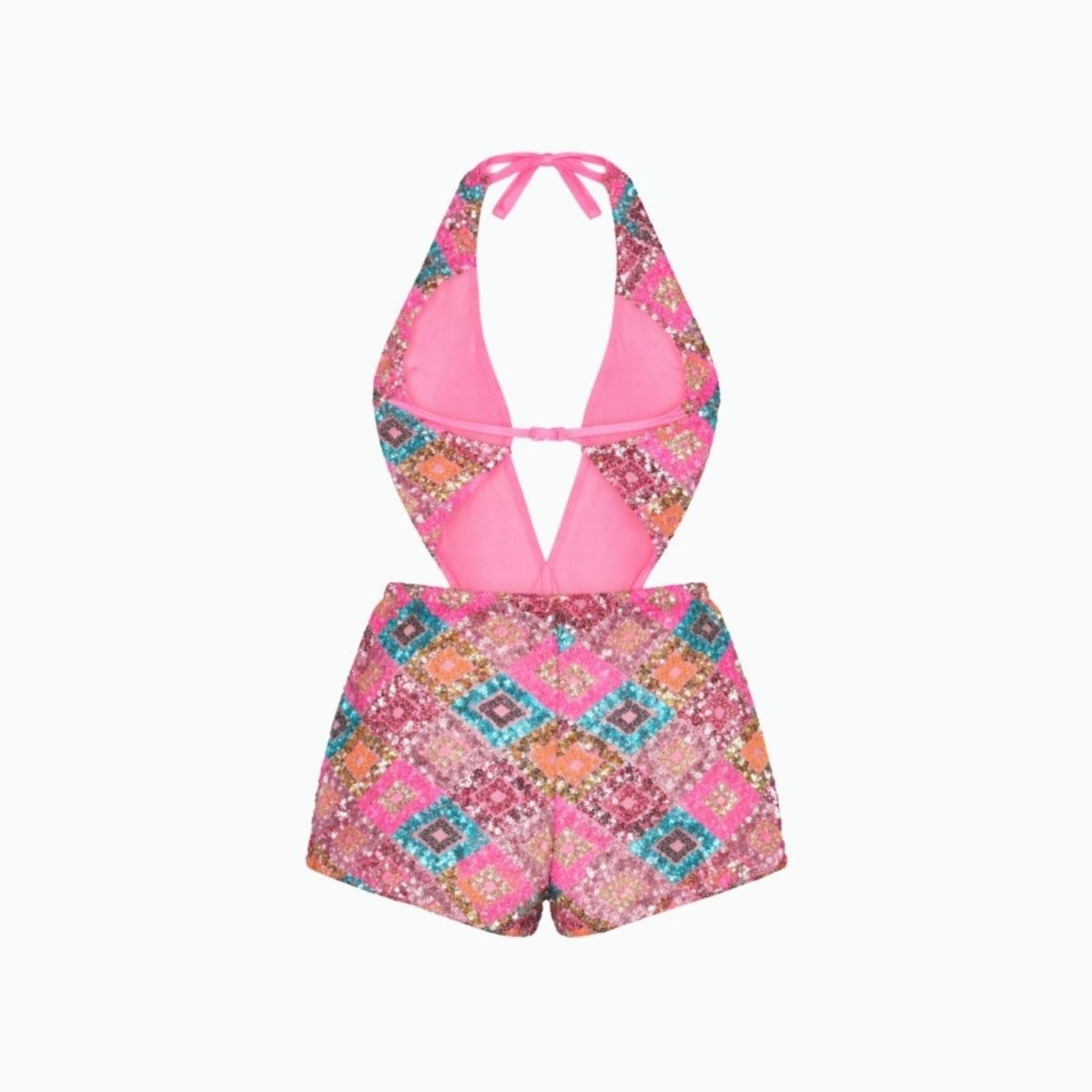 Inside back view of pink sequin playsuit showing soft pink stretch lining, halter strings, and secure back clasp closure.
