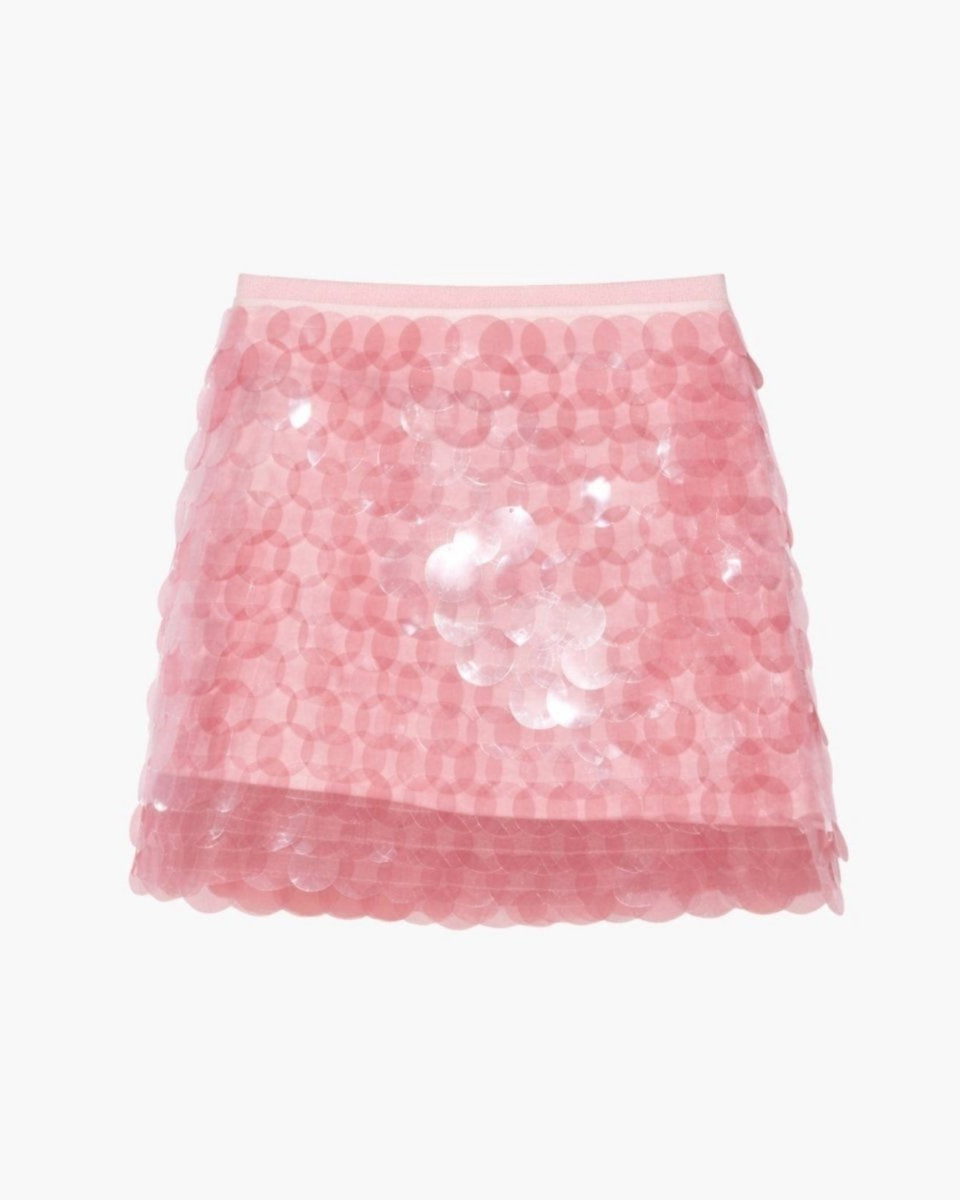 Front flat lay product shot of a pink sequin party skirt with a solid banded waist and allover large paillette embellishments.