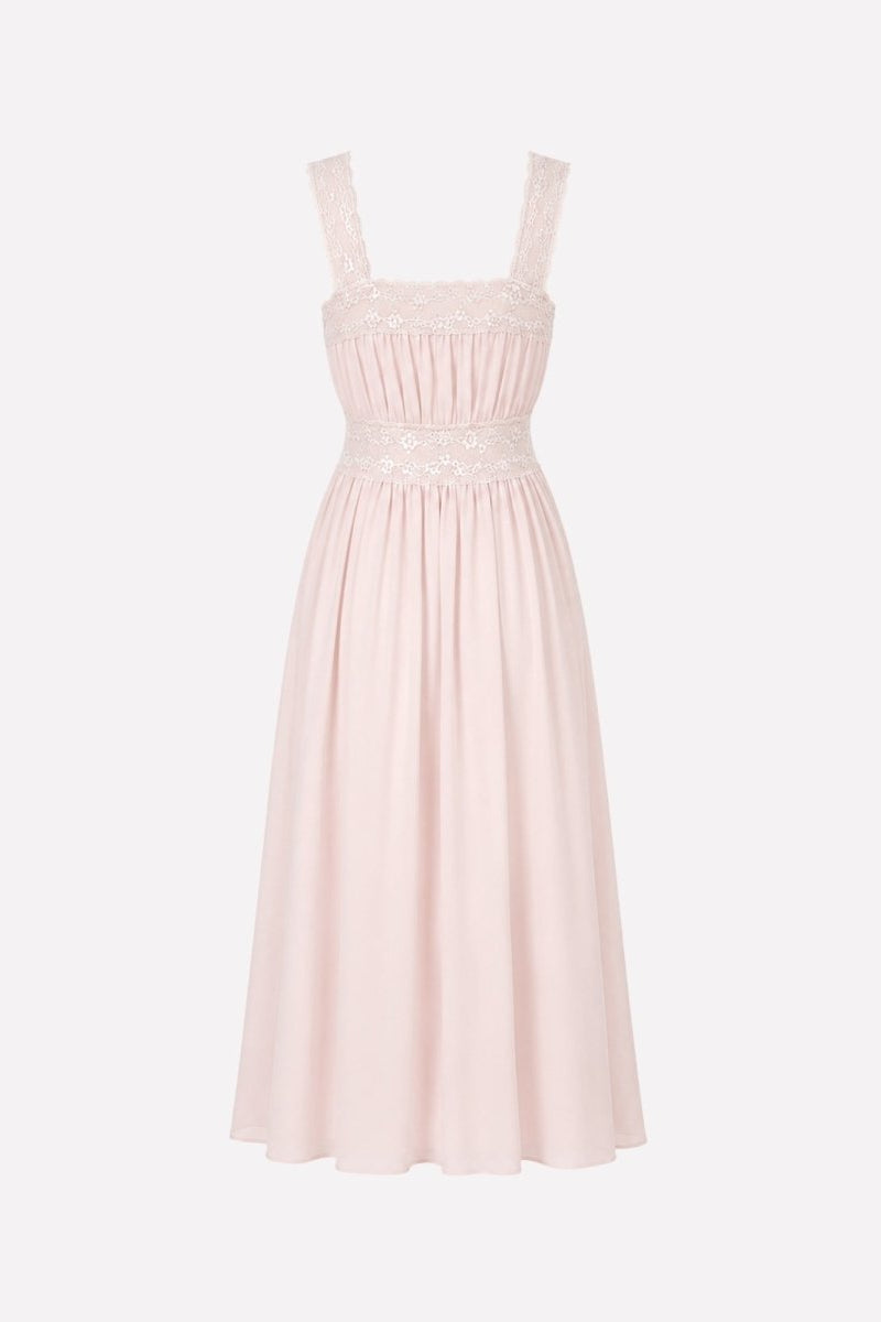 Ghost mannequin back view of Kouvr luxury pale pink pleated midi dress for women