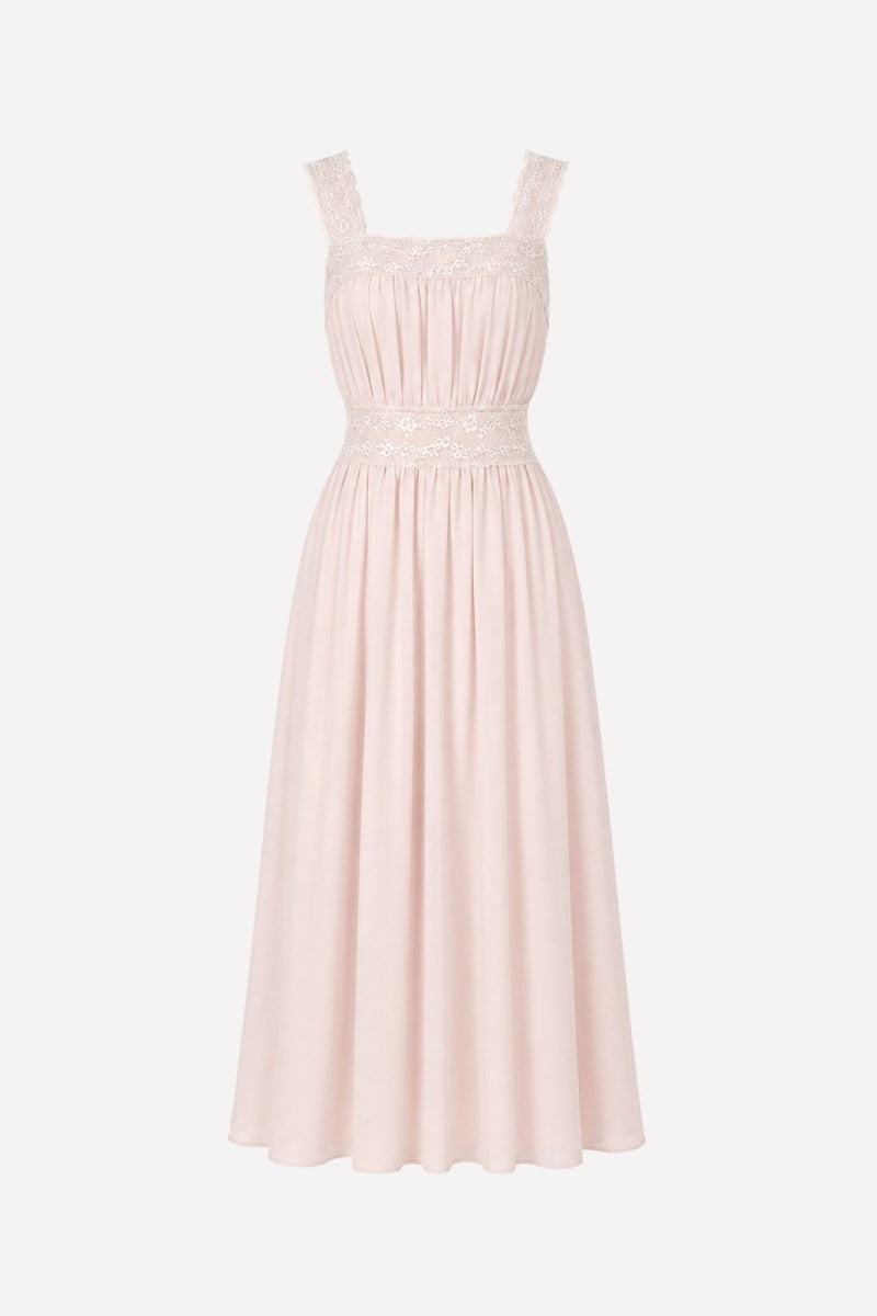Ghost mannequin view of women's premium blush pink chiffon midi dress with lace detailing