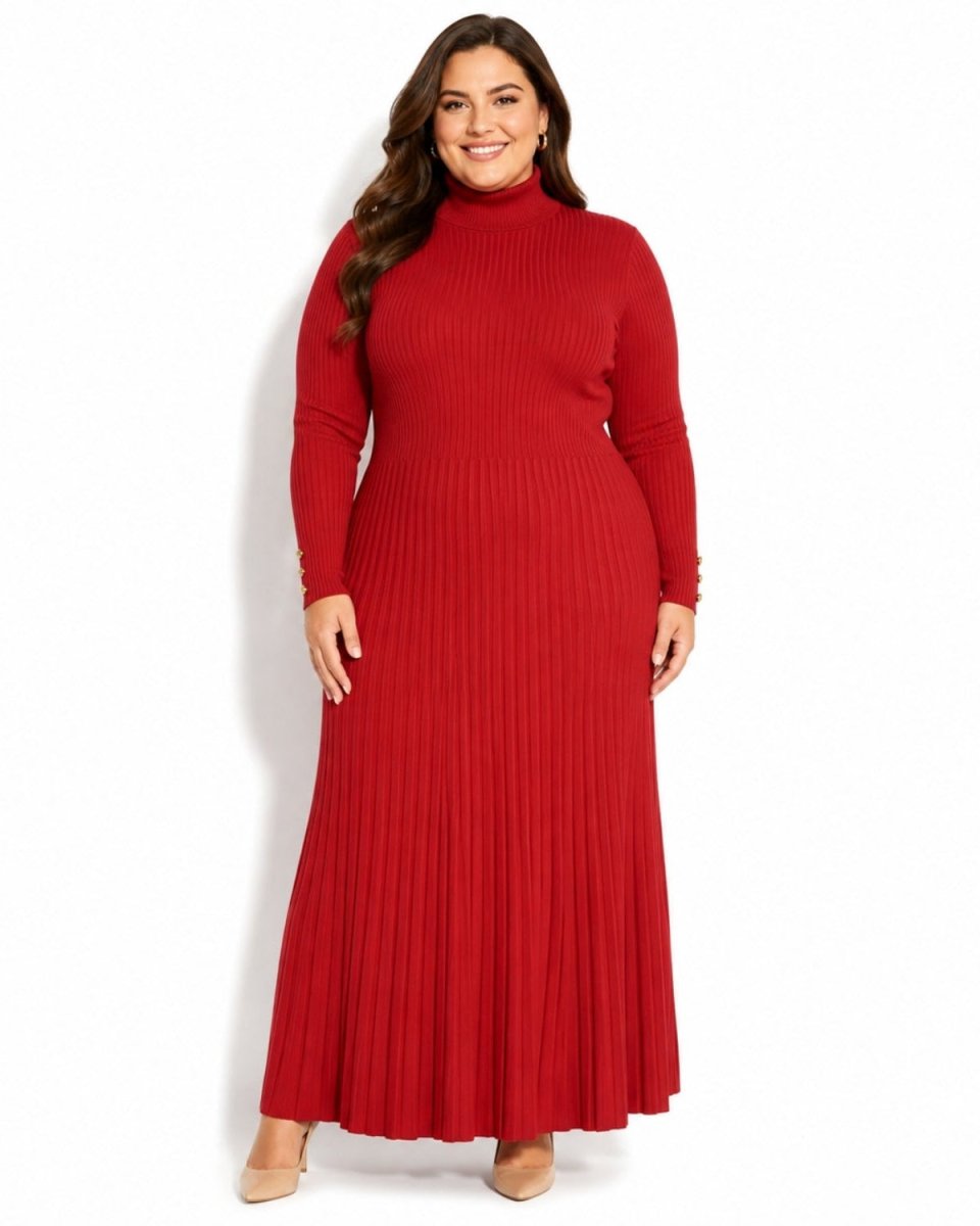 A woman modeling a long-sleeve, ribbed knit maxi dress in a solid red color, standing against a plain white studio background.