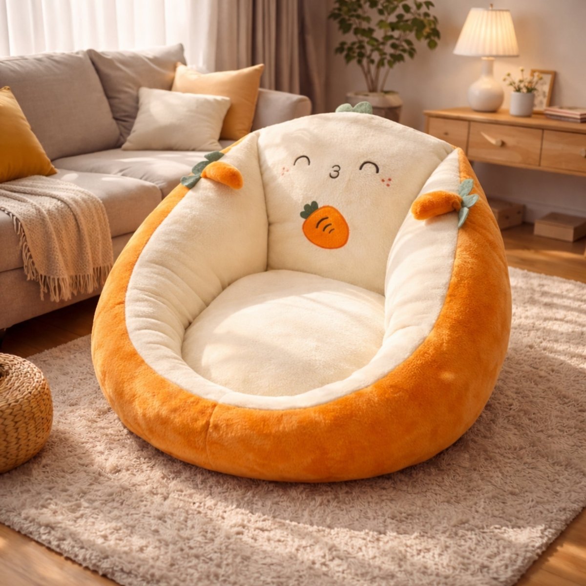 Plush toast-shaped floor chair with a cute kawaii face sitting in a sunlit cozy living room.