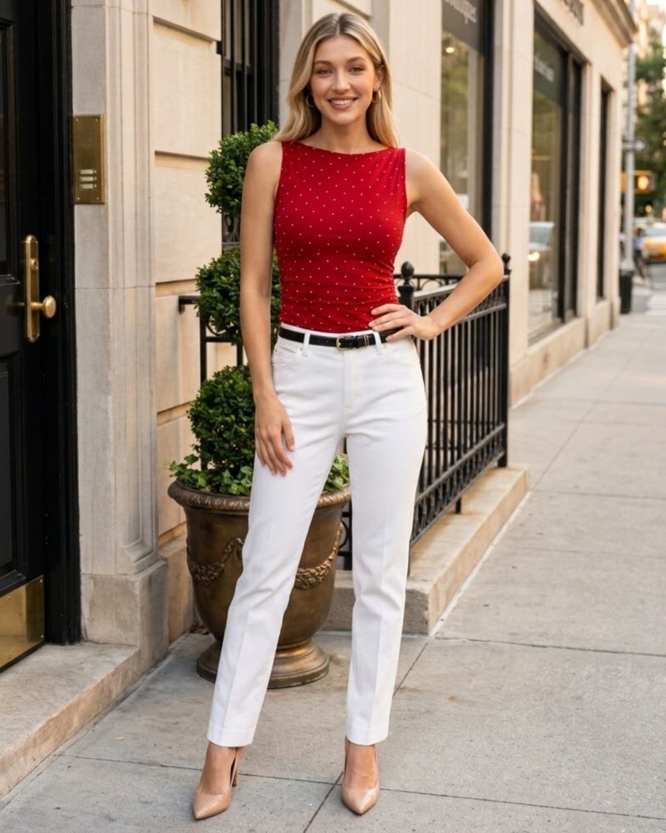 A woman stands on a city sidewalk wearing a sleeveless red top with small white polka dots, white pants, a black belt, and nude heels.