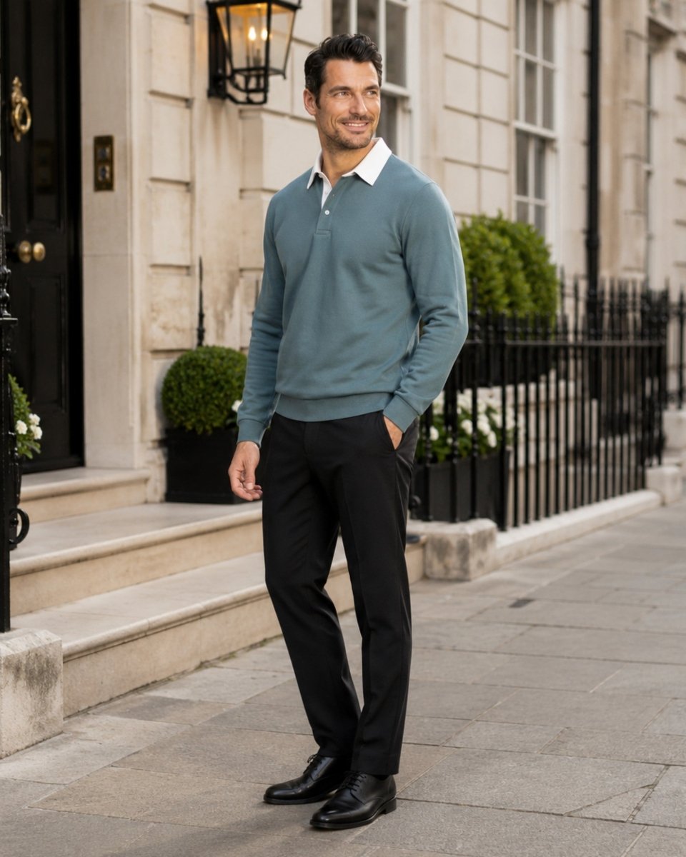 A man wearing a slate blue long-sleeve polo sweater, black trousers, and black dress shoes stands on a stone sidewalk in front of a classic London townhouse.