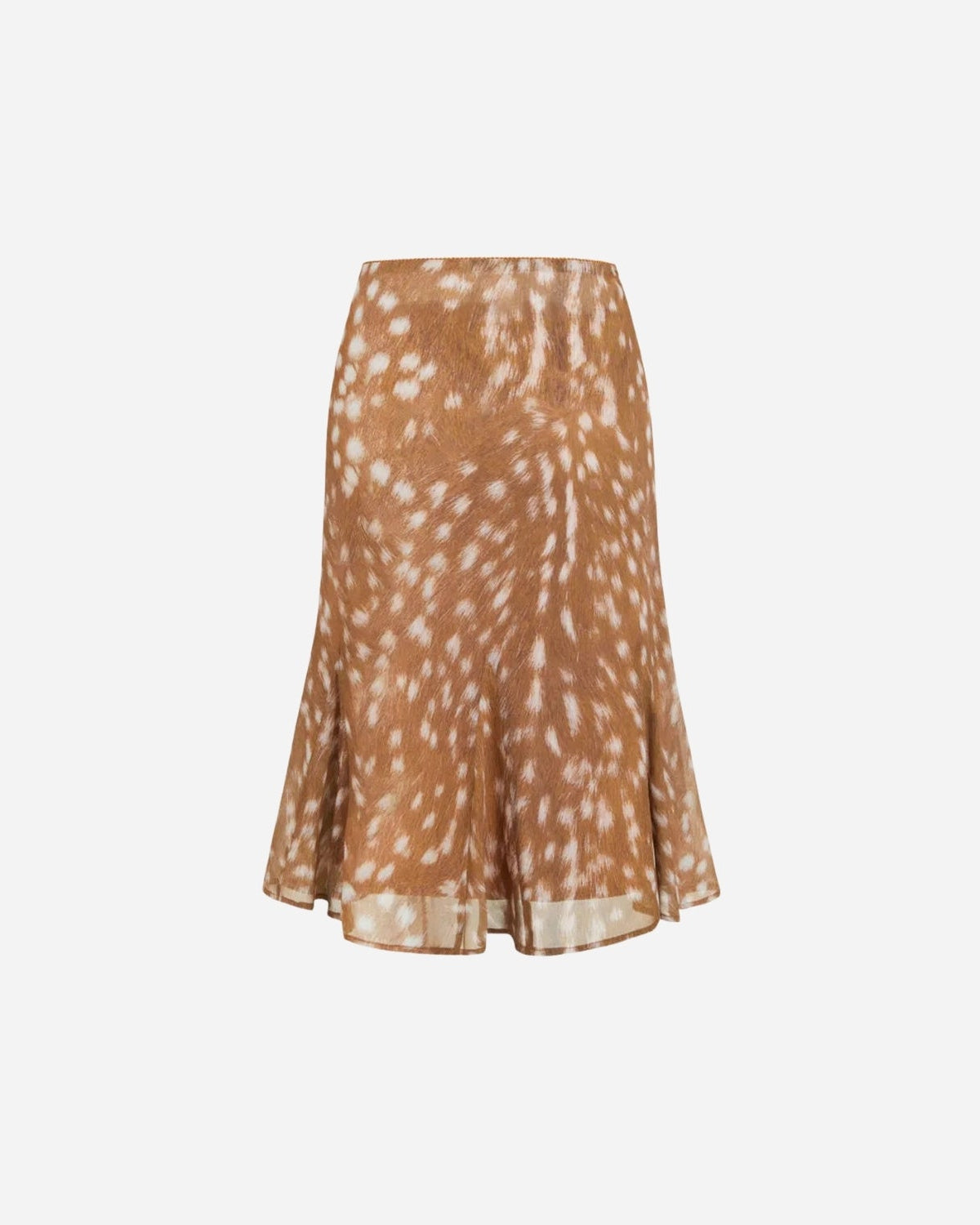 A brown and beige spotted midi skirt with a flared silhouette, shown against a plain light gray background.