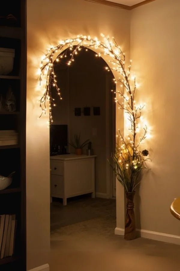 Decorative mirror with string lights in a room setting