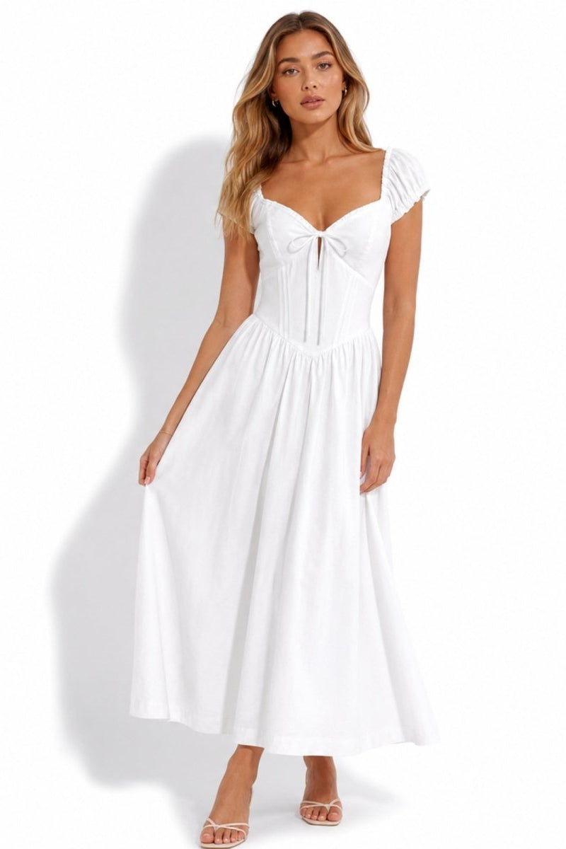 Elegant white sweetheart neckline summer dress featuring ruched cap sleeves and vintage silhouette