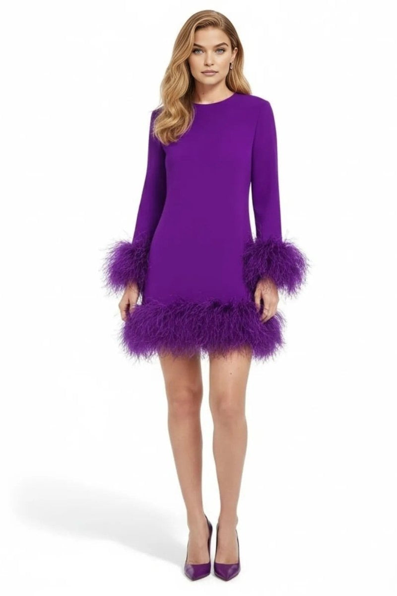Model wearing the Kouvr Fashion Arica purple long sleeve mini dress with ostrich feather trim on the cuffs and hem, front view.