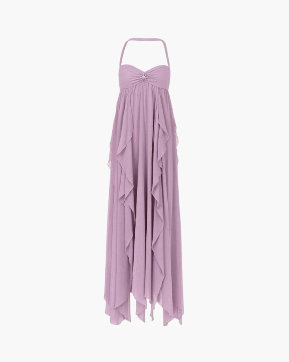 A light purple halter-neck maxi dress with a sweetheart neckline, gathered bodice, and cascading ruffle layers down the front, shown against a plain white background.