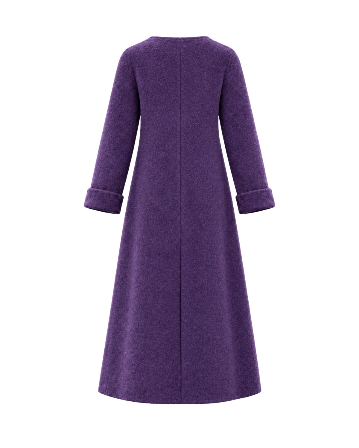 A long-sleeved purple coat with a wide A-line silhouette, shown from the back against a plain white background.