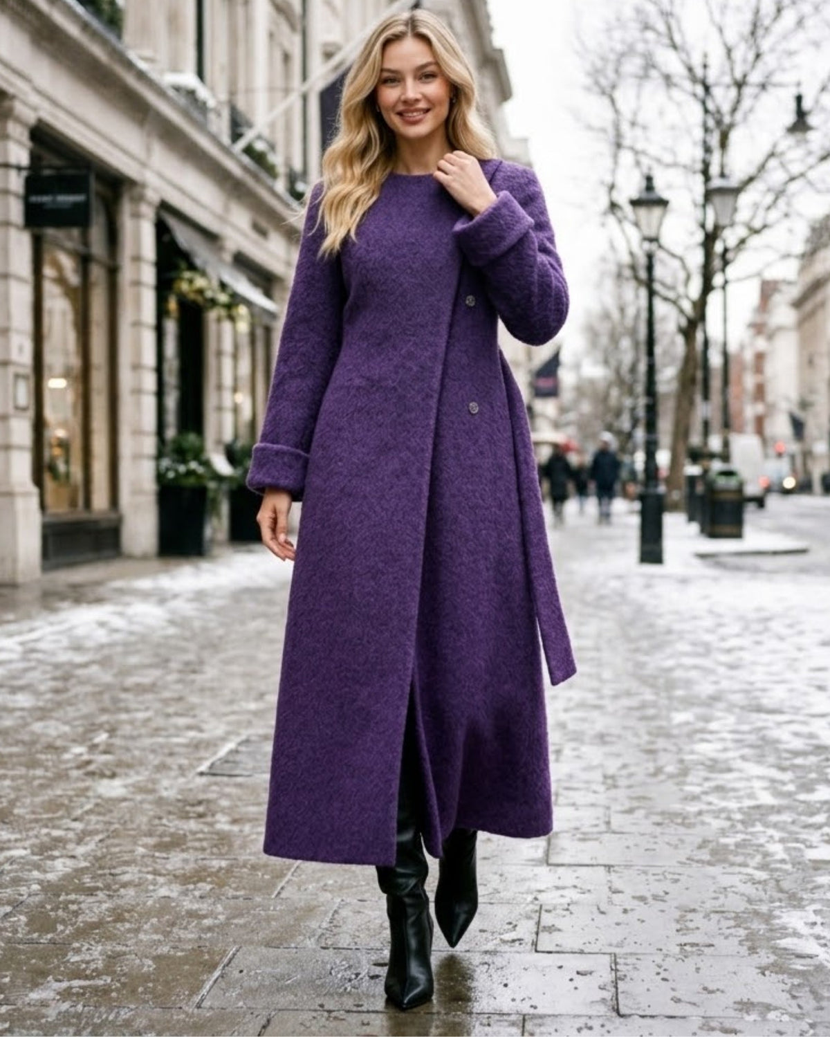 A woman wearing a long, textured purple coat and black ankle boots walks down a snowy city street lined with buildings and street lamps.