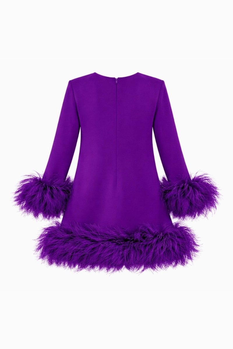 A vibrant purple long-sleeve dress with voluminous feathered trim at the cuffs and hem, shown from the back against a plain white background.