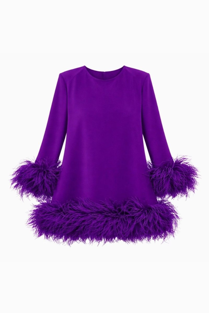 A vibrant purple long-sleeve top with voluminous feathered trim at the hem and around the cuffs, shown against a plain white background.