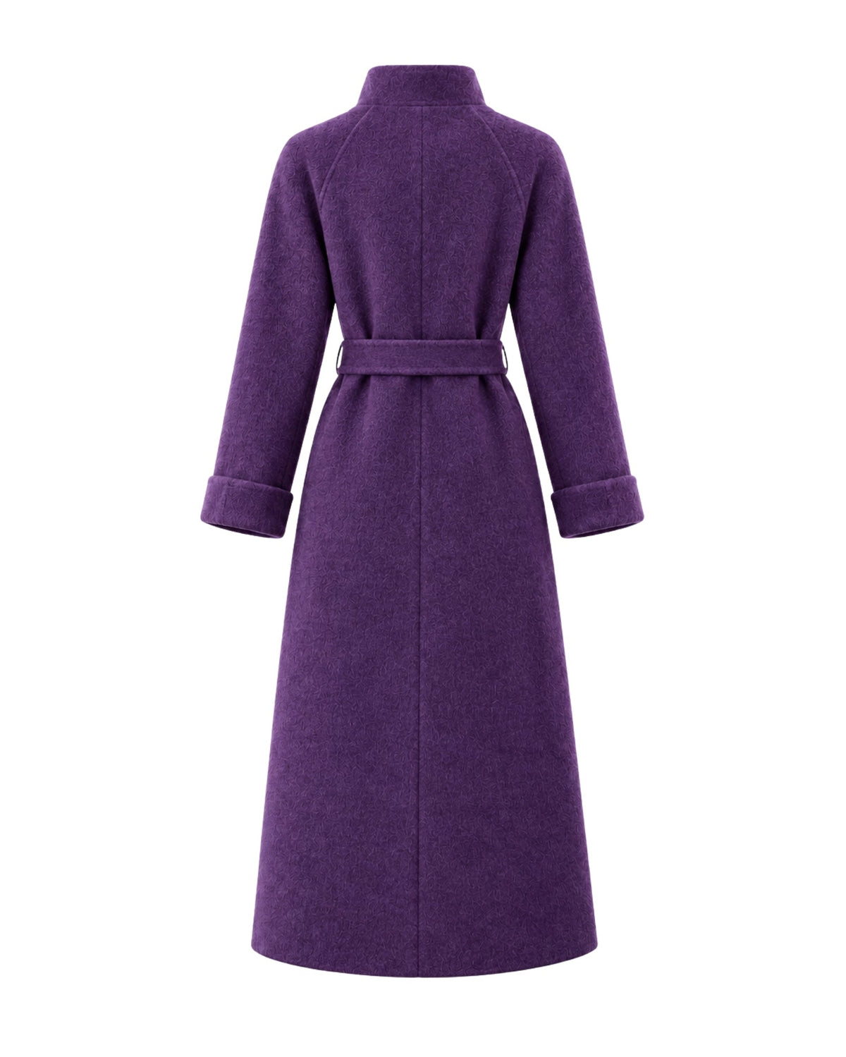 A long-sleeved purple coat with a matching waist belt, shown from the back on a plain white background.