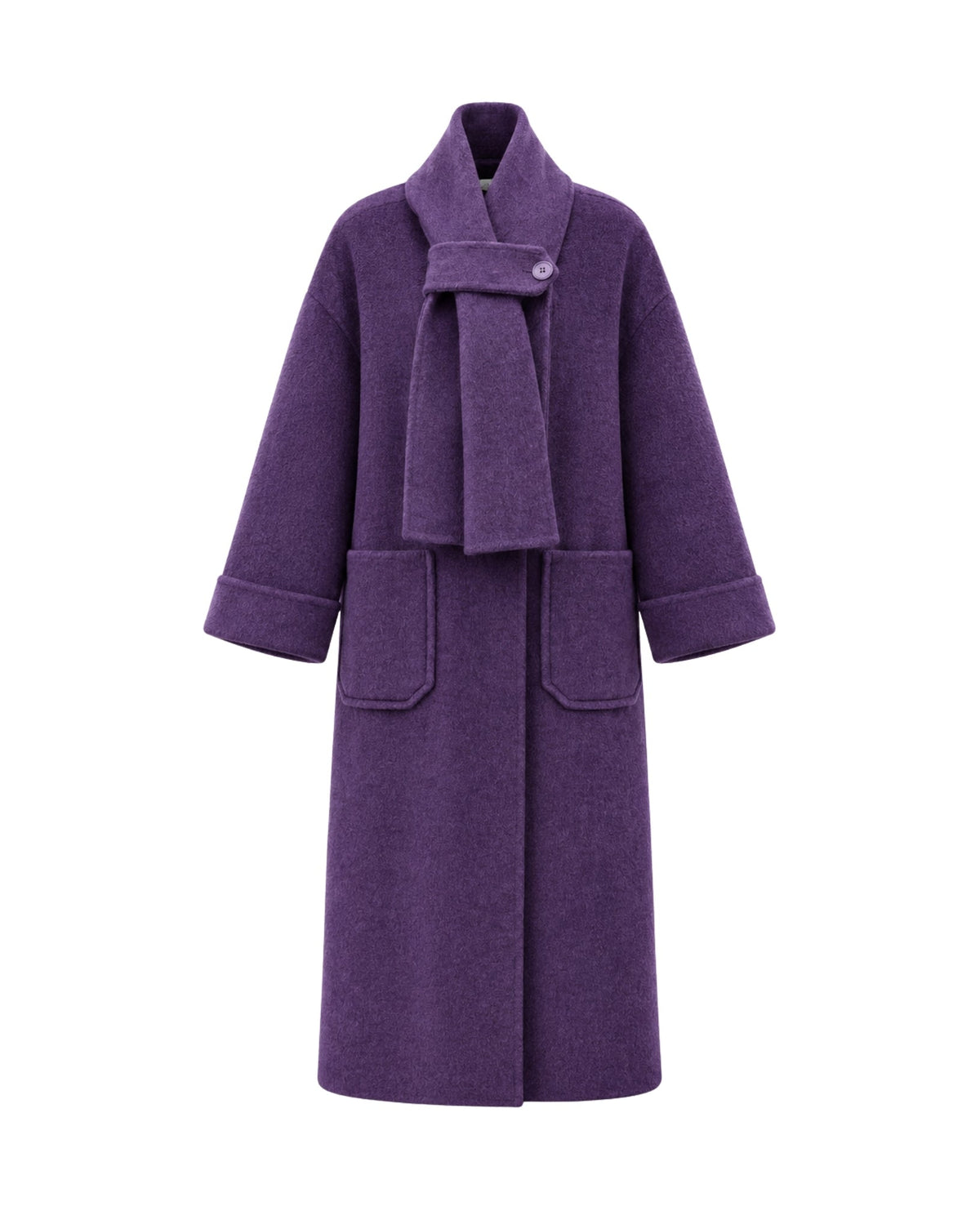 A purple wool coat with a matching scarf, featuring a wrap-style collar with a single button, long sleeves with cuffed ends, and two front patch pockets, shown against a plain white background.
