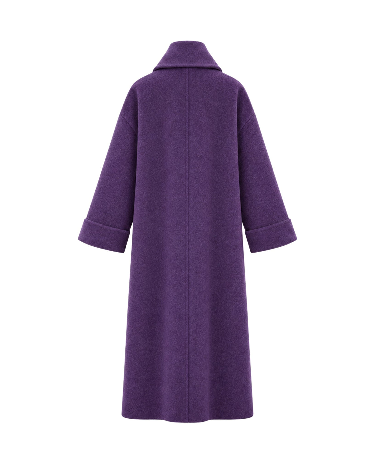 A purple wool coat with a high collar and three-quarter length sleeves, shown from the back against a plain white background.