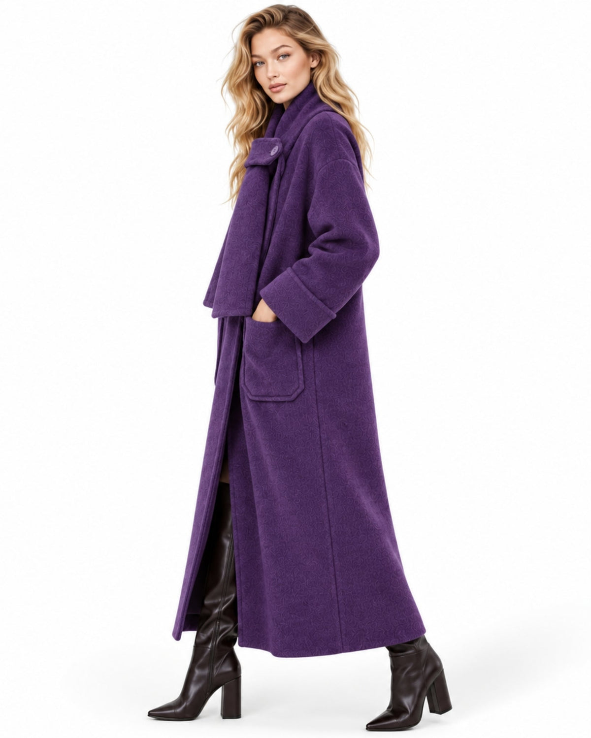 A woman modeling a long, wide-cuffed purple wool coat with large front patch pockets, paired with black knee-high boots, against a plain white studio background.