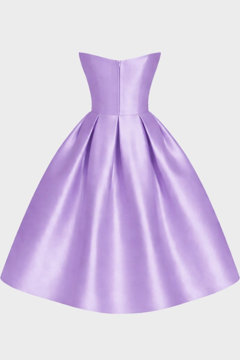 Ghost mannequin back view showing the subtle zipper detail of the purple satin pleated midi dress.