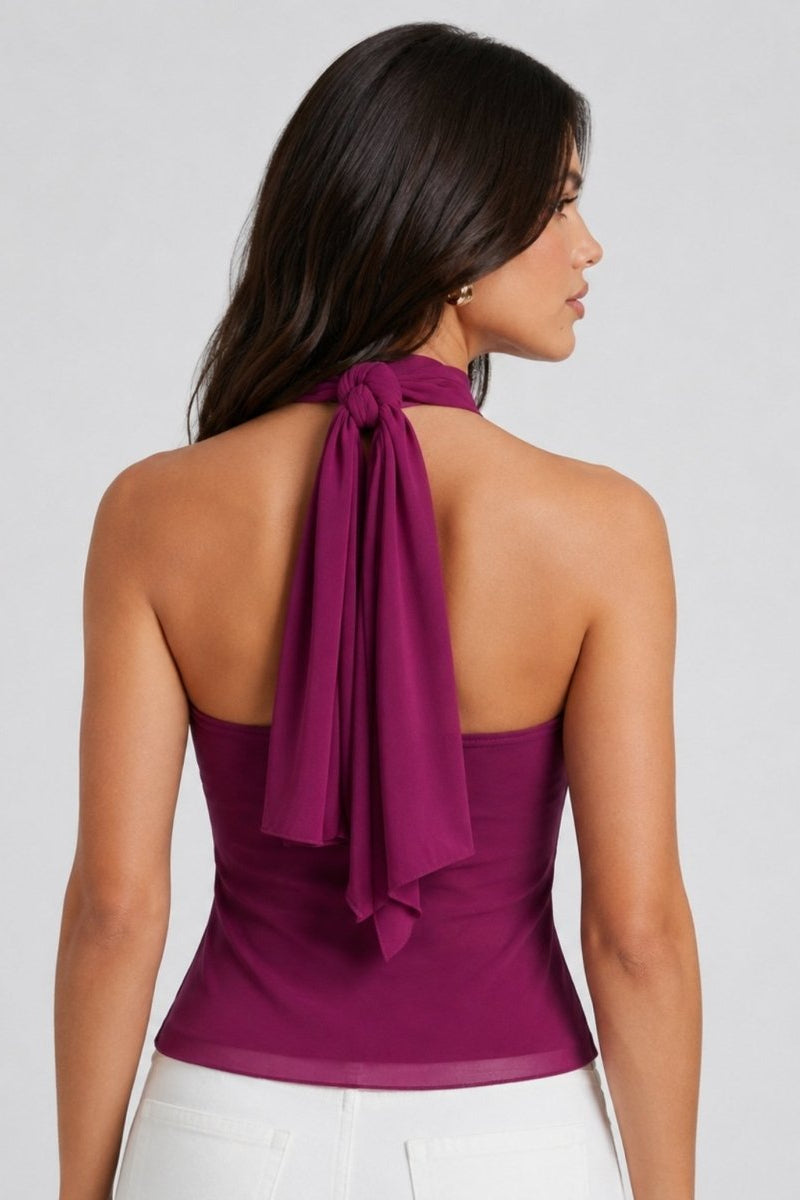 Back view of Fenlo Form deep purple sleeveless halter blouse showing thick tie-back neck detail.