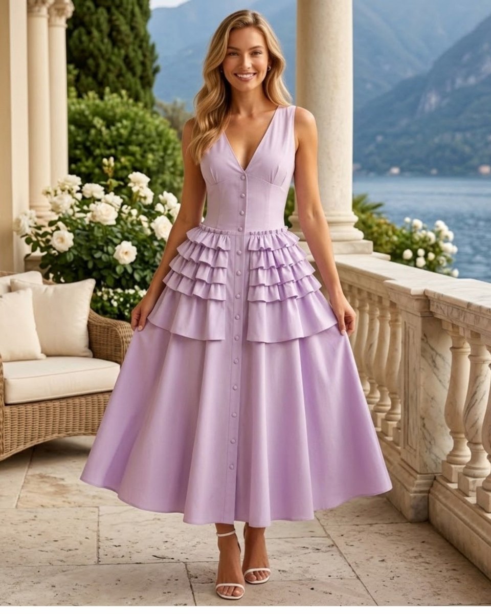 A woman models a lavender sleeveless midi dress with a tiered ruffle skirt and front button detail, standing on a sunlit outdoor terrace with columns, flowers, and a scenic lake or mountain background.