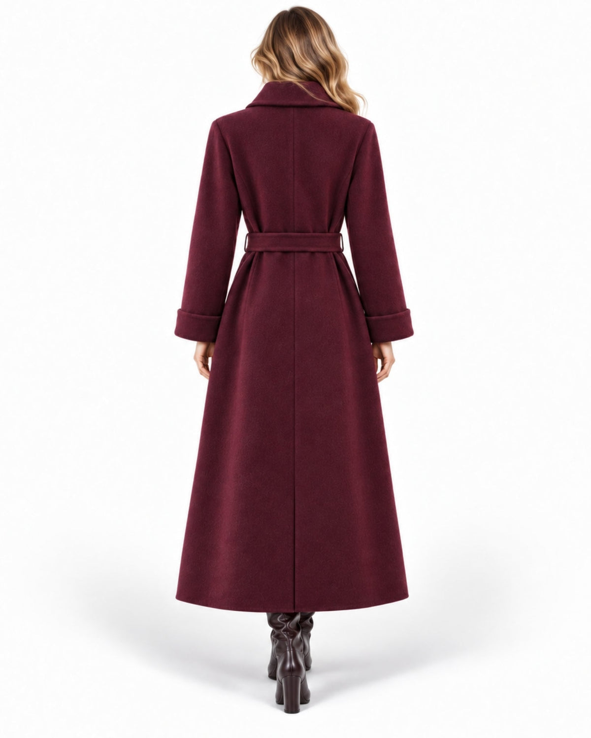 A woman viewed from the back wearing a long burgundy wool-blend coat with a matching waist belt, shown against a plain white studio background.