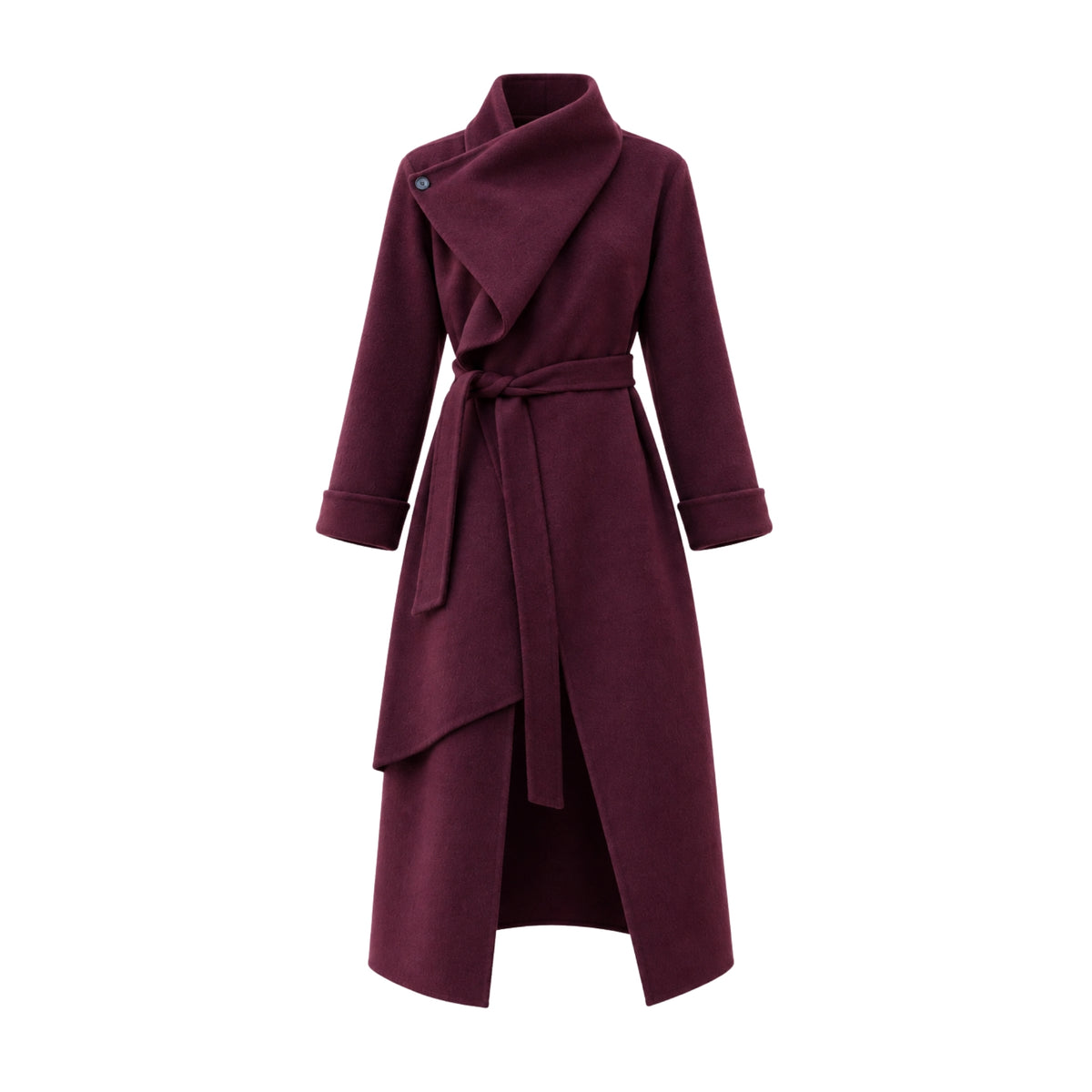 A long, wrap-style coat in deep burgundy with a self-tie belt, shown on a plain white background.