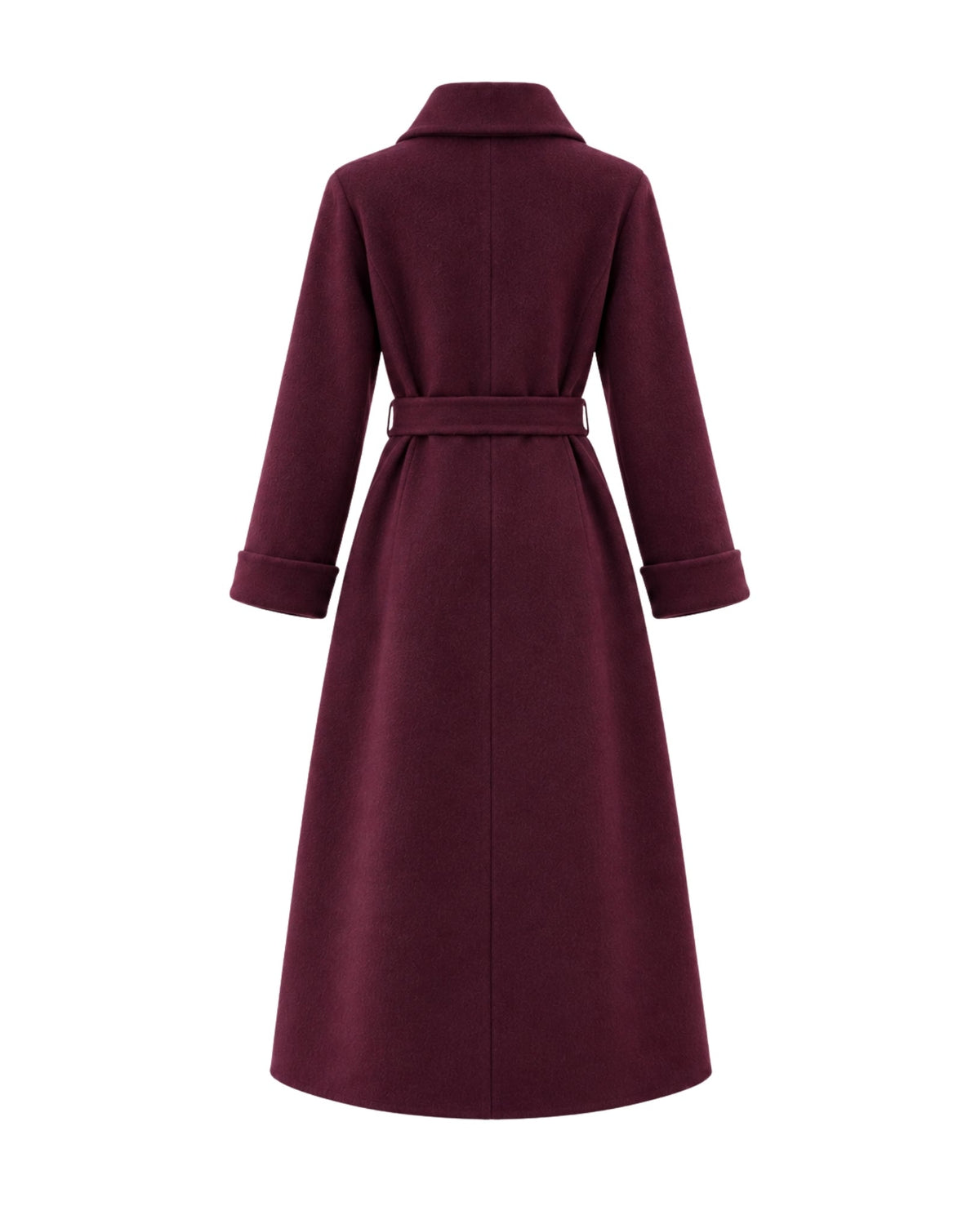 A long burgundy wool coat with a matching waist belt, shown from the back on a plain white background.