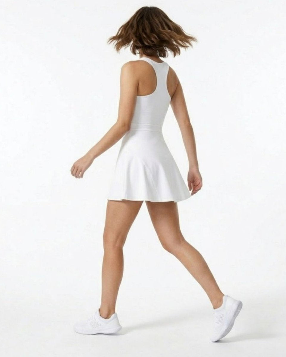 Back view showing the racerback design and flared skirt movement of the white premium activewear dress