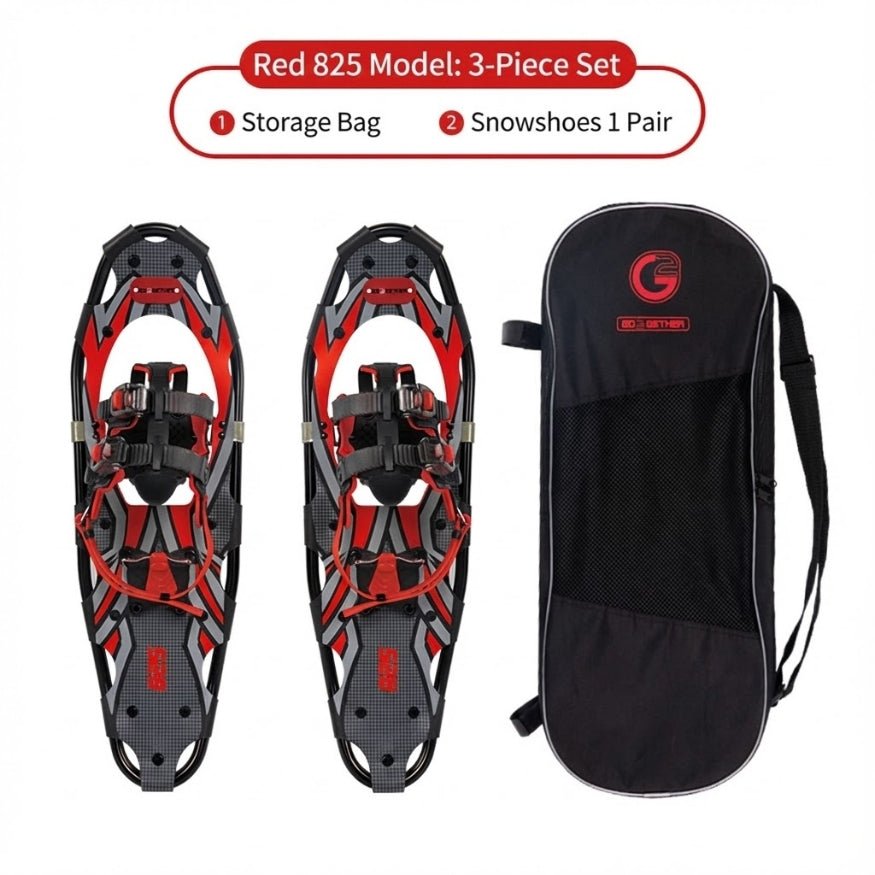 Red and black 825 Model snowshoes 3-piece set including a pair of snowshoes and a portable carry case.