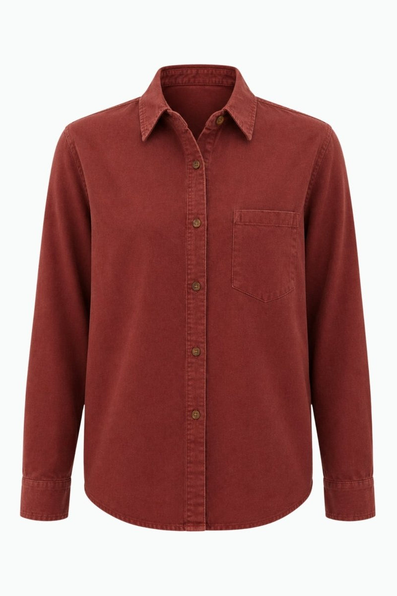 Flatlay front view of the Fenlo Form red button down blouse showing chest pocket and button cuffs on a white background.