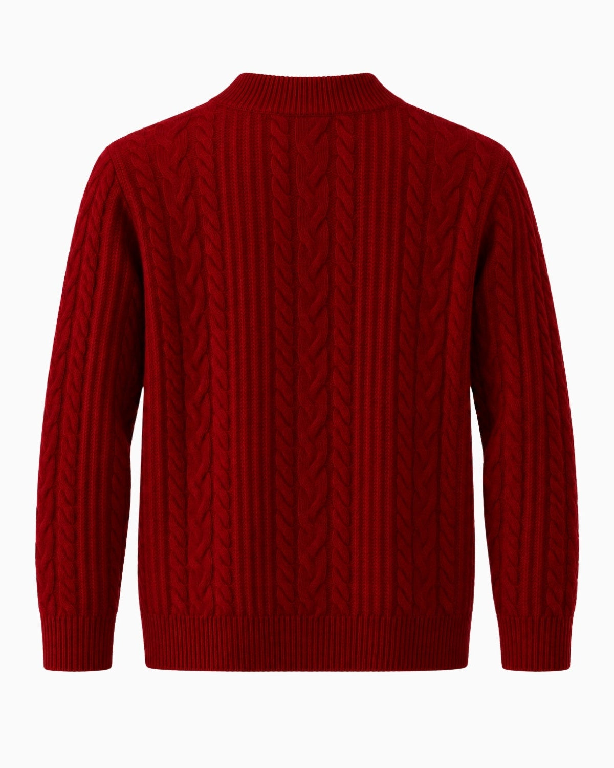A red cable-knit sweater shown from the back, featuring a crew neck, ribbed collar, cuffs, and hem, set against a plain white background.